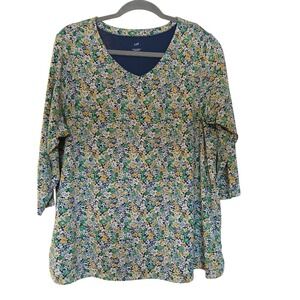 J Jill Floral Print Pima Cotton 3/4 Sleeve V Neck Tee XL Navy Blue Yellow Green